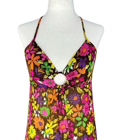 90s Free People Dress 2 Floral Halter Maxi Linen Cotton Festival Boho Summer - Picture 2 of 13